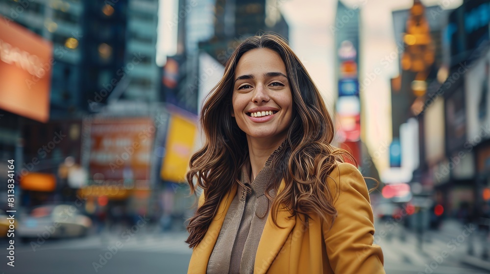 The image shows a beautiful and happy adult businesswoman posing out on the street on her way to work. The background includes office buildings and billboards.