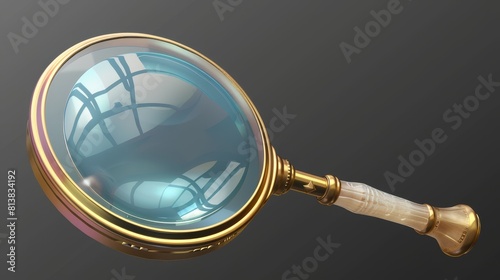 An optical device for exploration and research with a magnifying glass attached to a handle or holder made of metal. A realistic 3d modern clip art image isolated on a transparent background.