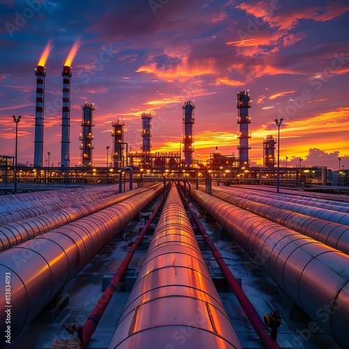 A beautiful sunset over an oil refinery