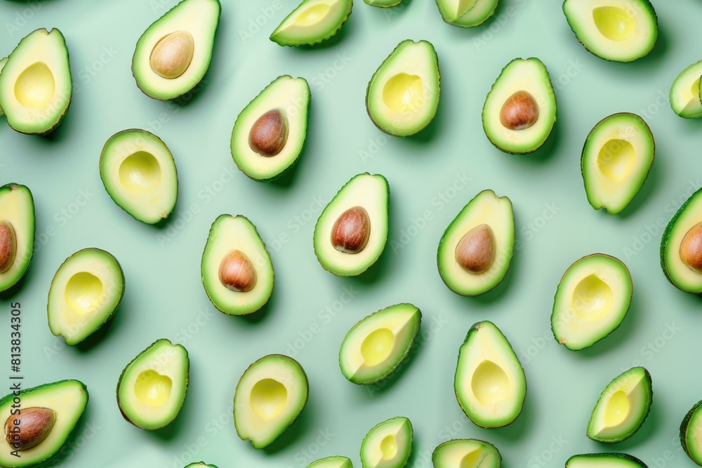Fresh Avocado Pattern on Light Green Background Fresh Avocado Pattern on Light Green Background