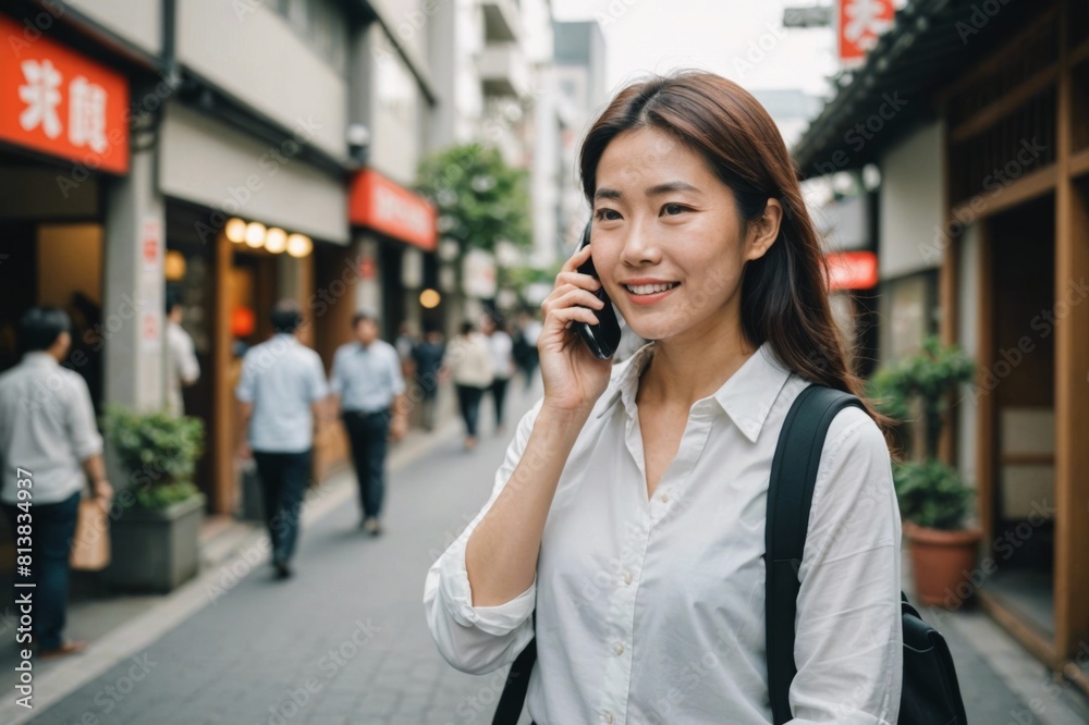 A vertical shot of japanese woman talking on phone A vertical shot of japanese woman talking on phone
