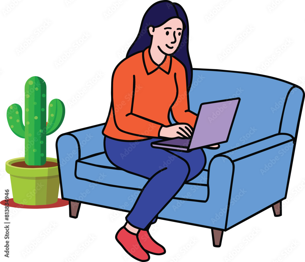 girl with laptop sitting on the sofa. Freelance or studying concept. Cute illustration in flat style. girl with laptop sitting on the sofa. Freelance or studying concept. Cute illustration in flat style.