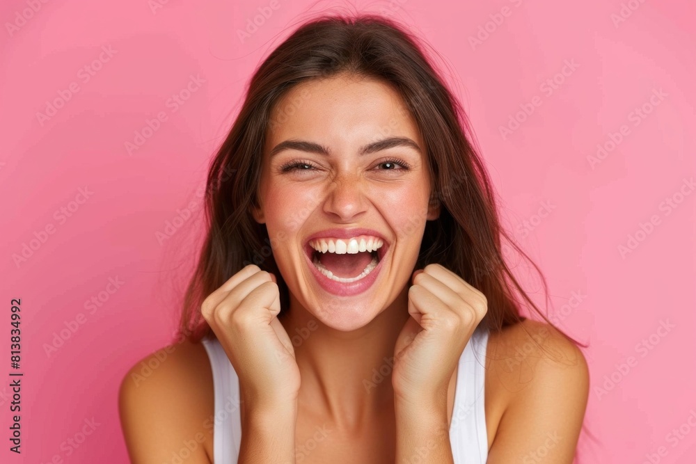 Happy woman clenches her fists feeling euphoric and rejoicing in her success, pink background back, Generative AI. Happy woman clenches her fists feeling euphoric and rejoicing in her success, pink background back, Generative AI.