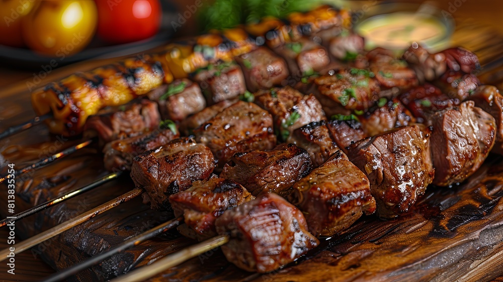 Beef shashlik with vegetables. Meat on skewers. Beef shashlik with vegetables. Meat on skewers.