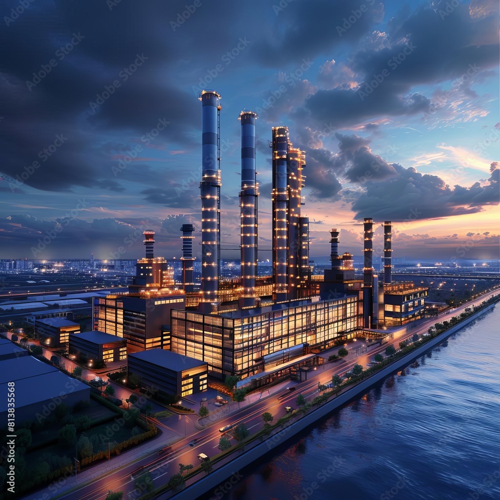 Obraz premium The impressive industrial complex stands tall, its towering structures reaching towards the heavens