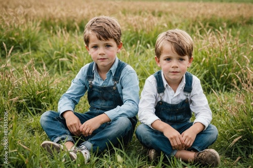 Two small boys sitting in rural field