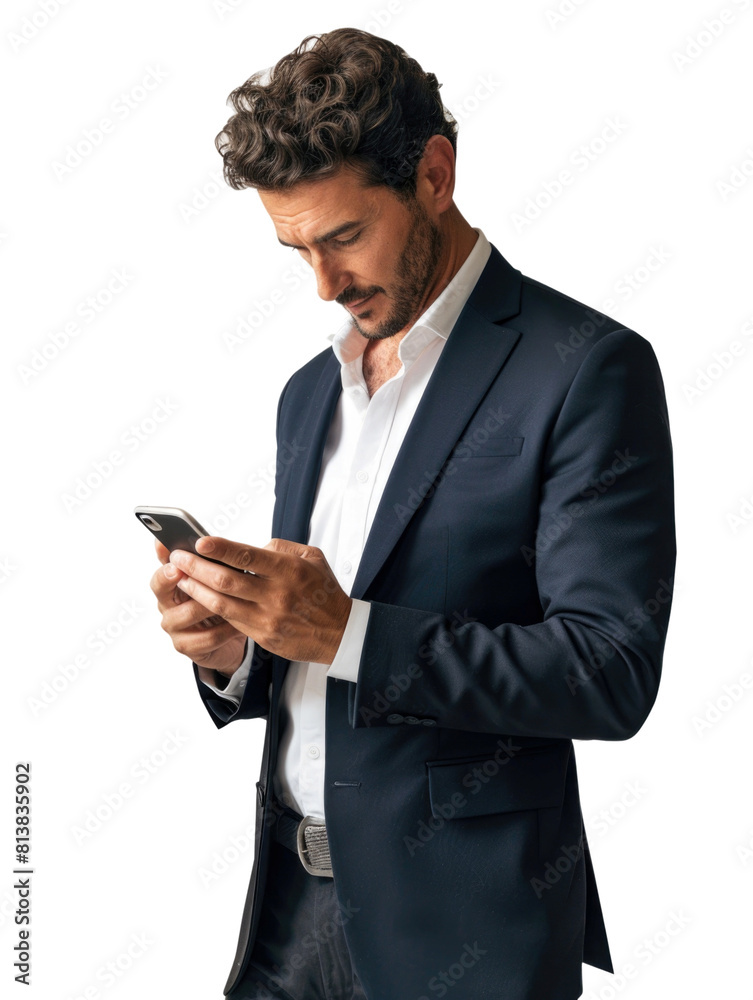 Business man using smartphone for messaging communication transparent background Business man using smartphone for messaging communication transparent background