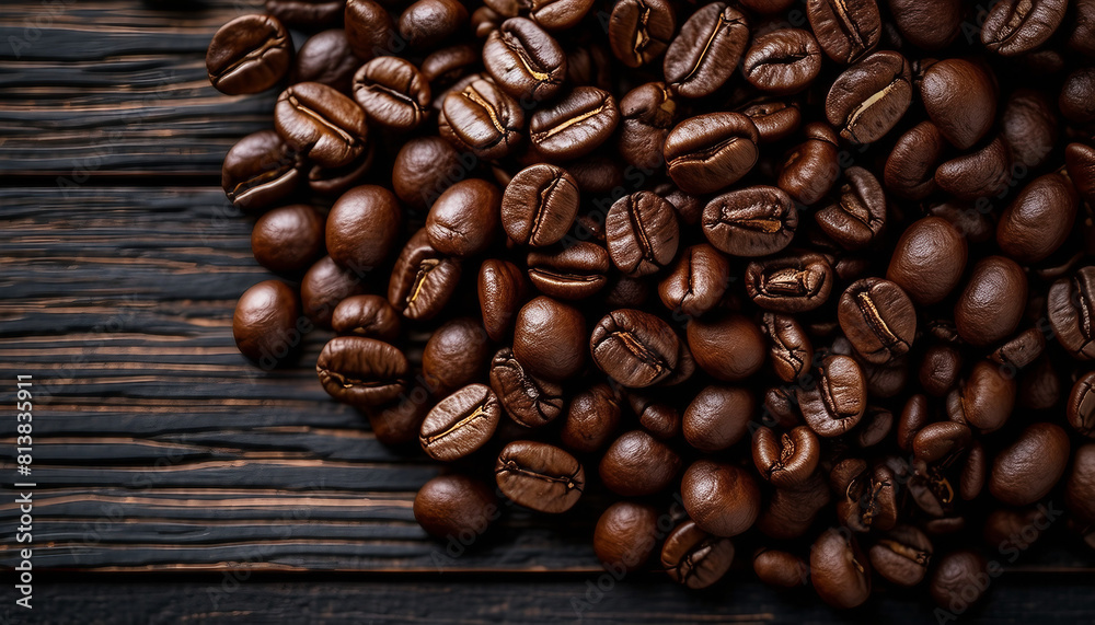 Fototapeta premium roasted arabica coffee beans top view, dark wooden background, copy space for text