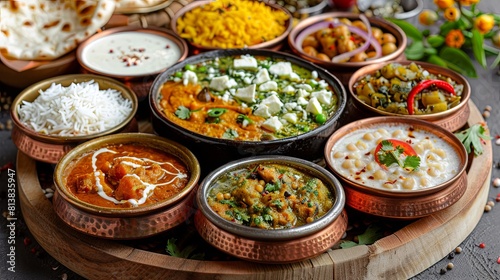 A variety of Indian food in bowls on a wooden table.