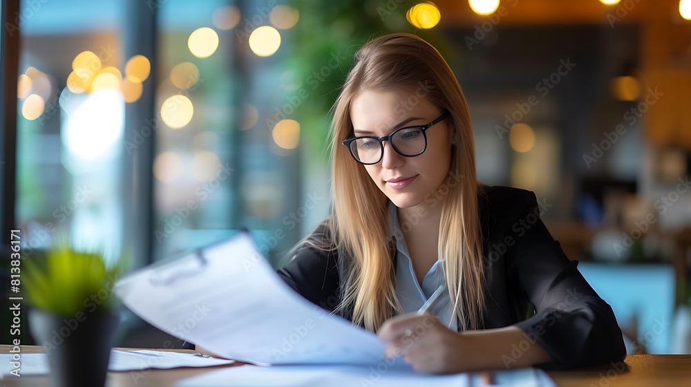 Fototapeta premium Female Accountant Portrait with Financial Documents, Female accountant, portrait, financial documents