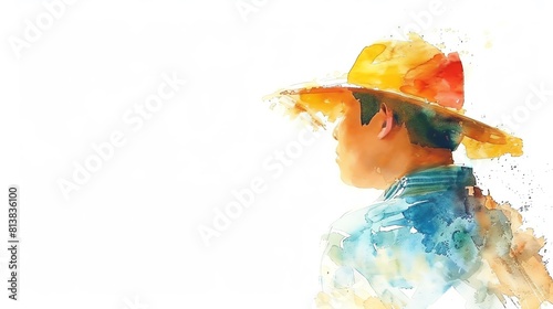 Guarani Paraguay and parts of Brazil, Argentina, Bolivia Man, Minimalistic watercolor, on a white background, cute and comical with empty copy space. photo