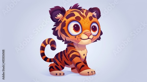 The cute cartoon character tiger cub is hunting  slinking  and roaring. Funny animal mascot stand with arms up. Kawaii wild baby kitten with smiling muzzle and striped skin  Modern illustration 