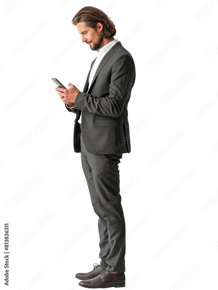 Business man using smartphone for messaging communication transparent background Business man using smartphone for messaging communication transparent background