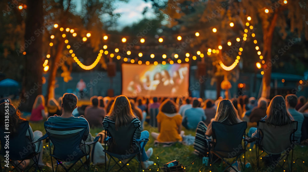 Photo realistic outdoor movie night concept with LGBTQ films and documentaries for community bonding experience