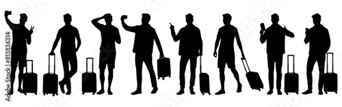 Silhouette of young man tourist with camera and smartphone. Male in casual clothes with a suitcase and tickets. Young male traveler goes on a journey. Vector illustration set isolated on white