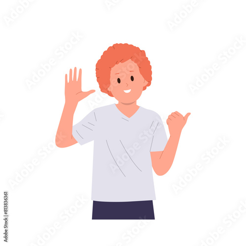 Cute preteen boy child isolated cartoon character showing welcome and pointing gesture with hands