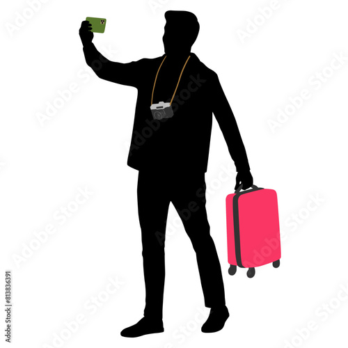 Silhouette of young man tourist with camera and smartphone. Male in casual clothes with a suitcase and tickets. Young male traveler goes on a journey. Vector illustration isolated on white