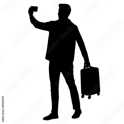 Silhouette of young man tourist with camera and smartphone. Male in casual clothes with a suitcase and tickets. Young male traveler goes on a journey. Vector illustration isolated on white