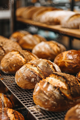 A tantalizing display of freshly baked artisan bread loaves cooling on a wire rack, emitting an irresistible aroma and showcasing the crusty texture and golden-brown hues.