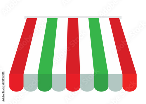 Realistic striped shop sunshade. Store awning. Roof canopy. Shop tent set. Vector illustration