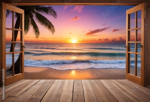 A tropical beach scene with a stunning sunset over the ocean. The view is from a wooden