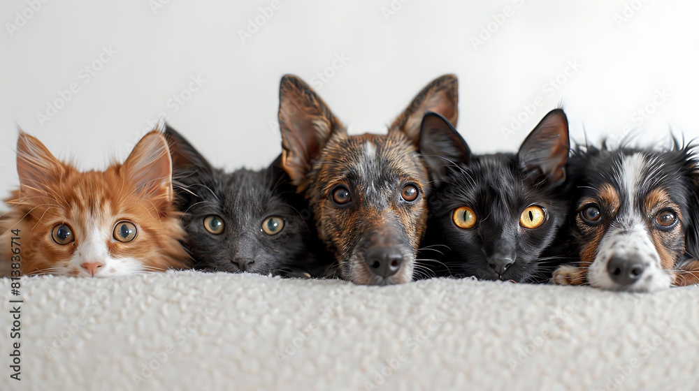 A group of cats and dogs with their eyes looking at the camera. Concept of curiosity and playfulness, as the animals seem to be enjoying each other's A group of cats and dogs with their eyes looking at the camera. Concept of curiosity and playfulness, as the animals seem to be enjoying each other's