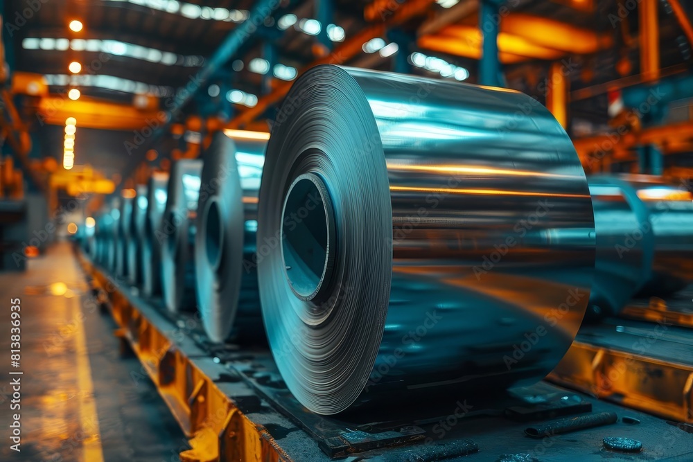 A large steel coil is being produced in a factory.