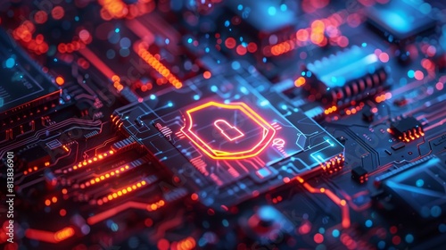A close-up of a digital lock with a glowing shield icon, symbolizing cybersecurity and data protection.