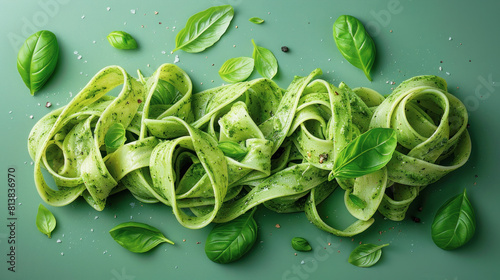 Vibrant alternative green spinach or pea fettuccine pasta with fresh basil leaves . Good for culinary recepies, healthy efood, fitness, diets. photo
