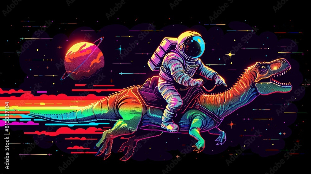 Obraz premium An astronaut in a spacesuit is riding a T-Rex dinosaur through outer space
