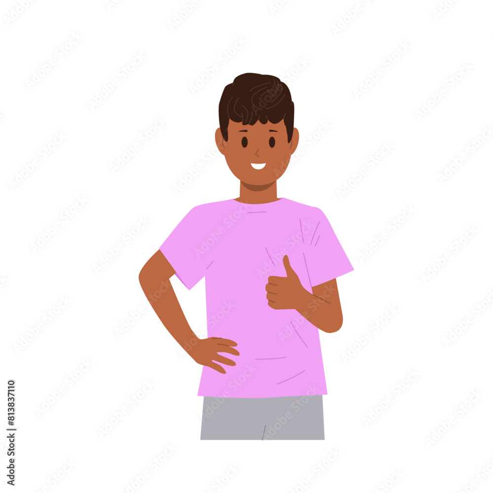 Handsome preteen boy child cartoon character gesturing thumbsup sign demonstrating agreement Handsome preteen boy child cartoon character gesturing thumbsup sign demonstrating agreement
