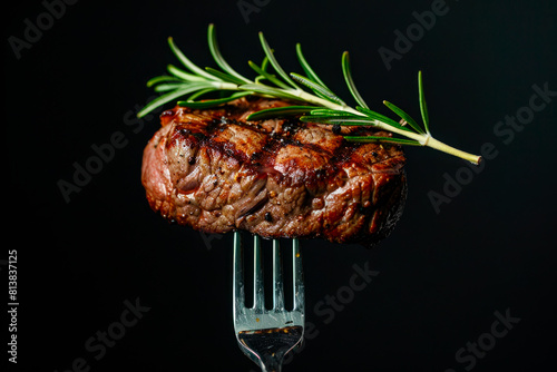grilled beef steak on a fork on black background