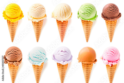Set of different ice cream scoops in waffle cones isolated on white background, top view.