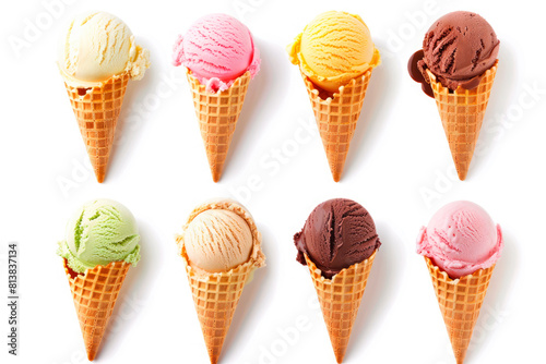Set of different ice cream scoops in waffle cones isolated on white background, top view.