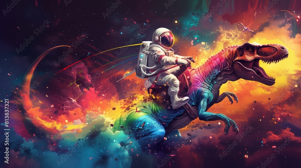 Fototapeta premium An astronaut in a spacesuit is seen riding a ferocious T-Rex dinosaur through the vast expanse of outer space