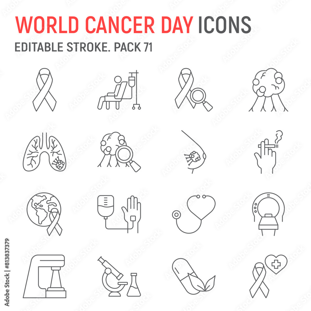 Fototapeta premium World Cancer Day line icon set, disease collection, vector graphics, logo illustrations, cancer day vector icons, charity signs, outline pictograms, editable stroke