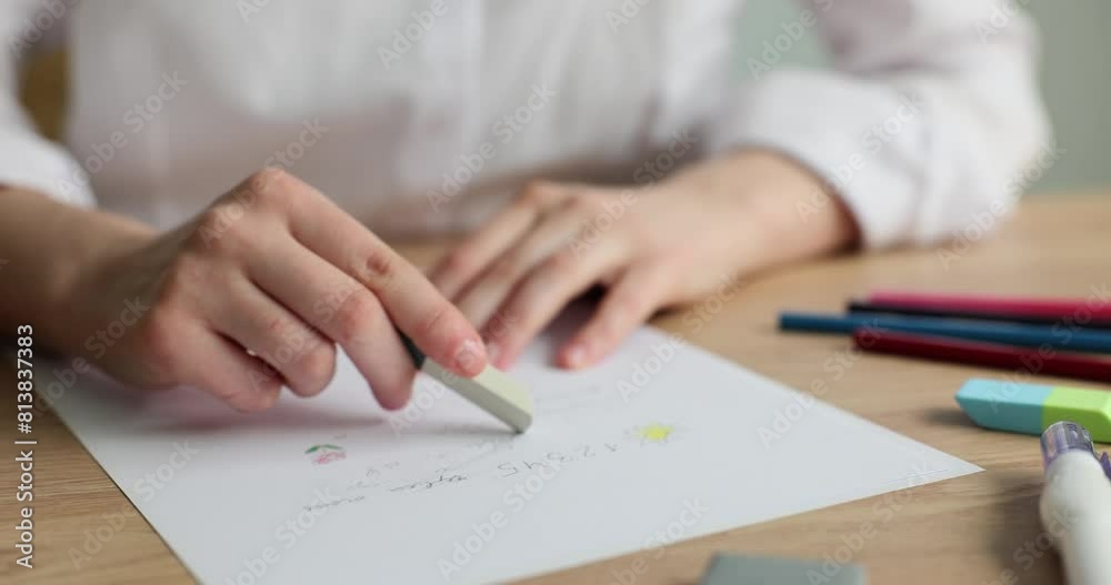 Hand erases note in paper with pencil eraser. Creative process of new ideas Hand erases note in paper with pencil eraser. Creative process of new ideas