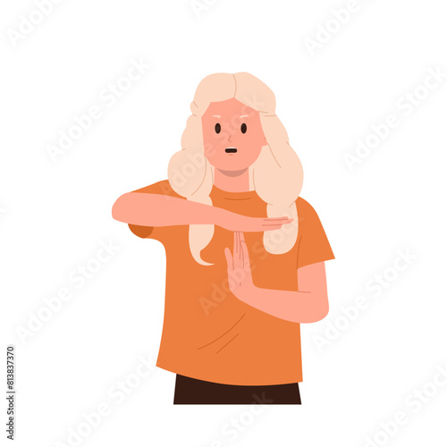 Teenage girl child cartoon character showing enough, stop, break gesture hand sign isolated on white