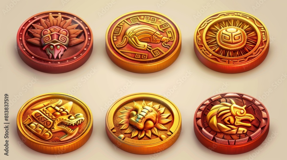 Ui or GUI assets, ancient Peruvian civilization modern signs dragon or lion head, lizard, turtle, snake or sun. Mayan or Aztec coins, copper or red gold money with tribal animals and idols.