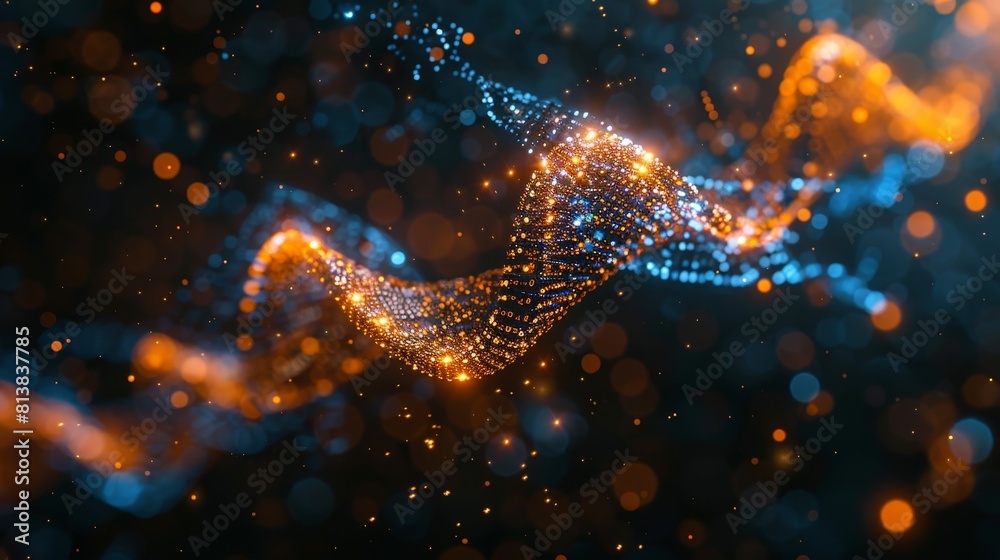 A conceptual image of a DNA helix intertwined with a binary code, representing the intersection of biotechnology and computer science in bioinformatics.