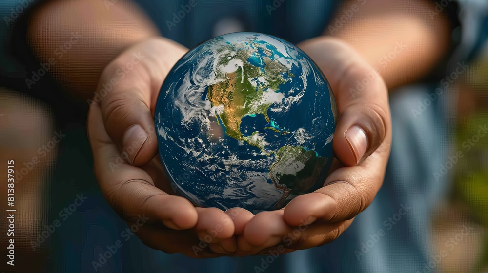 A conceptual image of a person holding a miniature globe in their hands, with a focus on the fingers gently supporting the sphere, suggesting care and responsibility for the planet A conceptual image of a person holding a miniature globe in their hands, with a focus on the fingers gently supporting the sphere, suggesting care and responsibility for the planet