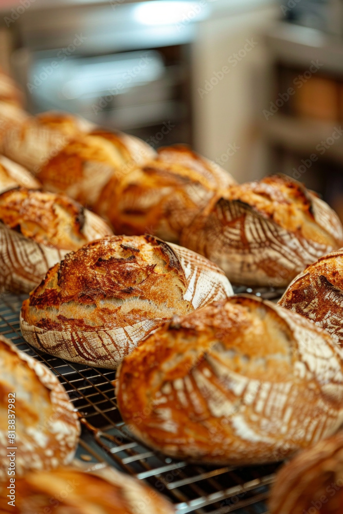 A tantalizing display of freshly baked artisan bread loaves cooling on a wire rack, emitting an irresistible aroma and showcasing the crusty texture and golden-brown hues.