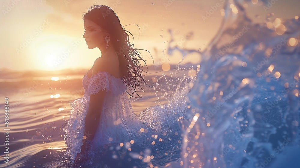 Beautiful woman in the middle of the sea waves