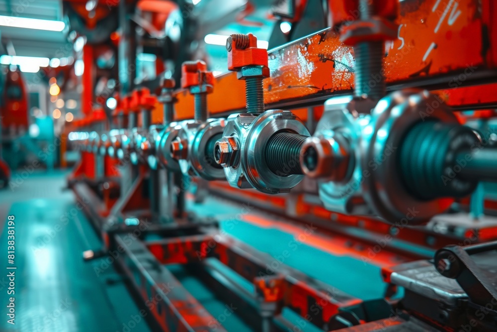 Detailed view of wheel alignment process, Industrial equipment in vibrant colors, focusing on machine components with mechanical precision. Detailed view of wheel alignment process, Industrial equipment in vibrant colors, focusing on machine components with mechanical precision.