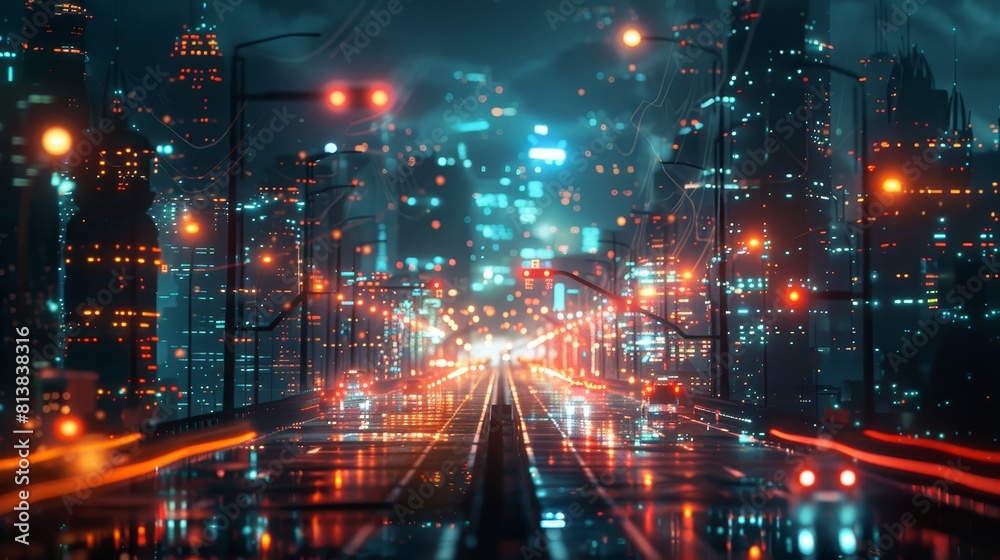 A futuristic cityscape at night, with illuminated smart streetlights, traffic signals, and surveillance cameras, illustrating the concept of a connected urban environment. A futuristic cityscape at night, with illuminated smart streetlights, traffic signals, and surveillance cameras, illustrating the concept of a connected urban environment.