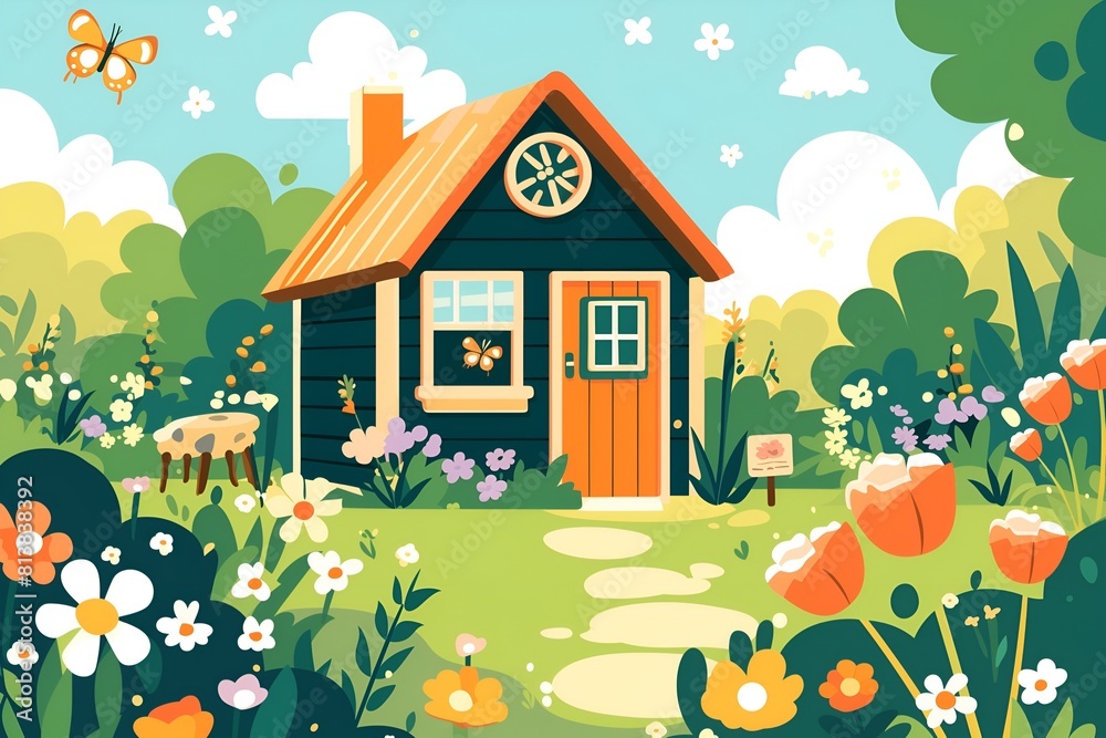 A small hut in spring landscape with blooming meadow and flowers A small hut in spring landscape with blooming meadow and flowers
