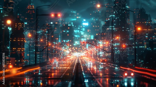 A futuristic cityscape at night, with illuminated smart streetlights, traffic signals, and surveillance cameras, illustrating the concept of a connected urban environment. © MAY