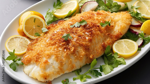 Delicious Crunchy Oven Baked Tilapia Dish on White Plate With Garnish on Defocused Background