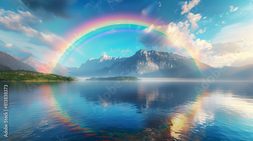 Vibrant Rainbow Over Mountain Lake Reflecting Spectrum of Colors   Photo Realistic Concept © Gohgah