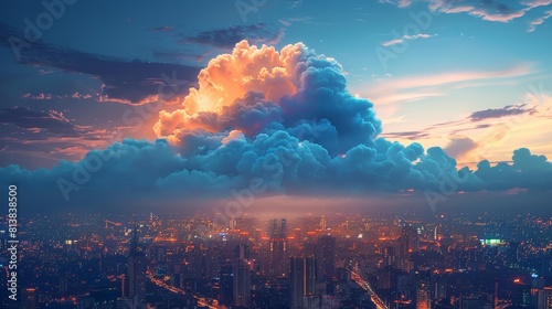 A giant cloud hovering over a cityscape, representing the integration of cloud computing in urban infrastructure and services. photo